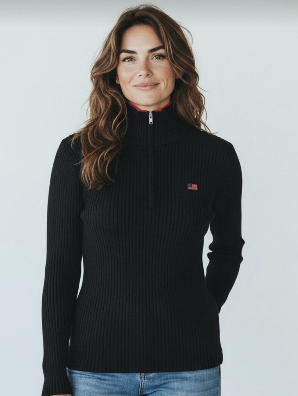NWT Ralph Lauren Women's Black Ribbed Quarter-Zip Sweater Size-M